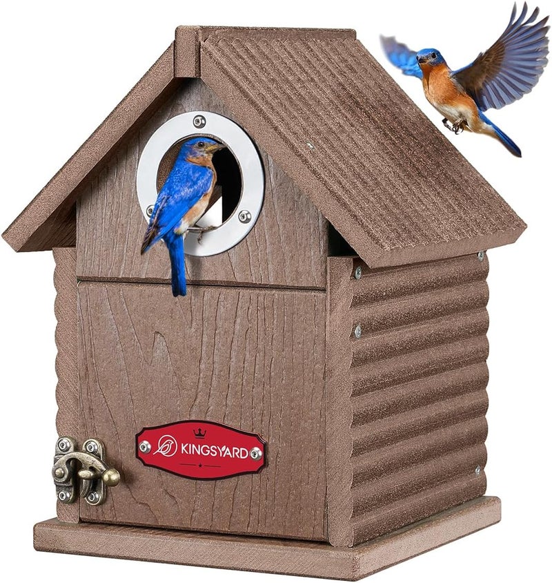 Kingsyard Recycled Plastic Bird House for Outdoors - Weatherproof Nesting Box with Clear View Panel & Predator Guard for Bluebird Wren Swallow Finch, Brown - Image 1